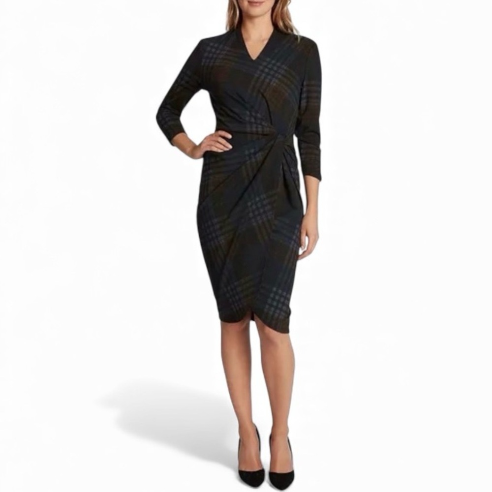 NWT Tahari ASL Plaid Knotted Faux-Wrap Sheath Dress - Size 14